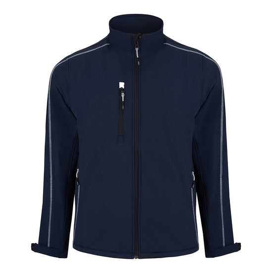 Orn Workwear ORN Crane Softshell in navy with zip fasten, a right chest pocket, two front pockets and grey stitching for contrast.