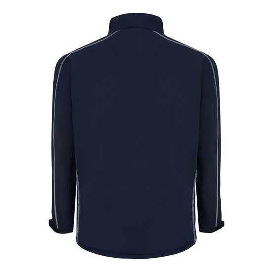 Back of Orn Workwear ORN Crane Softshell in navy with grey stitching for contrast.