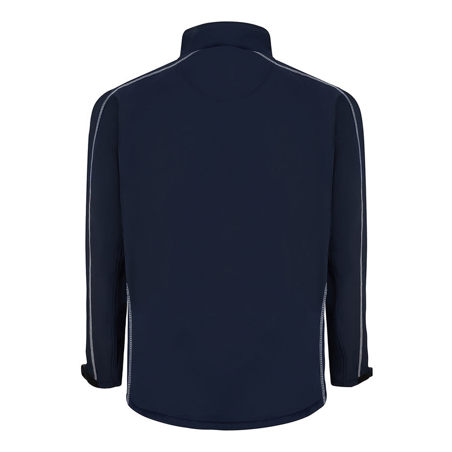 Back of Orn Workwear ORN Crane Softshell in navy with grey stitching for contrast.