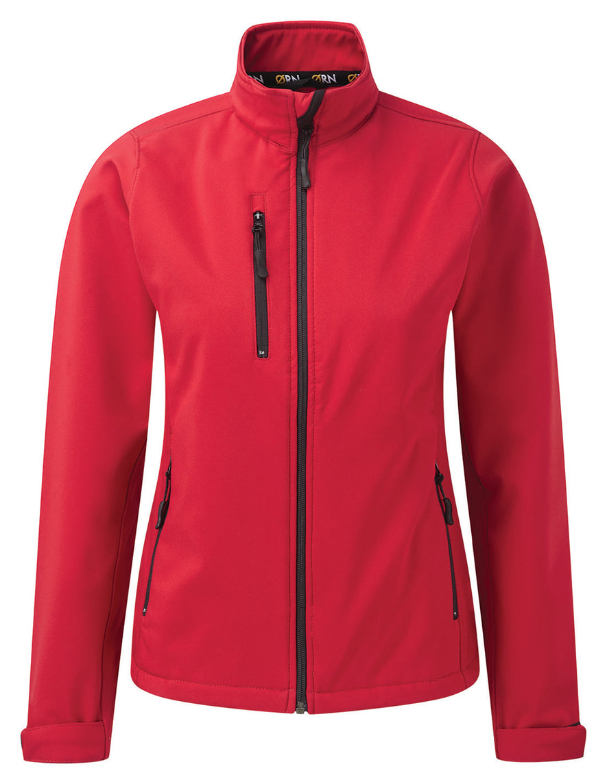 Orn Workwear ORN Ladies Tern Softshell in red with black zip fasten, a right chest pocket and two front pockets.