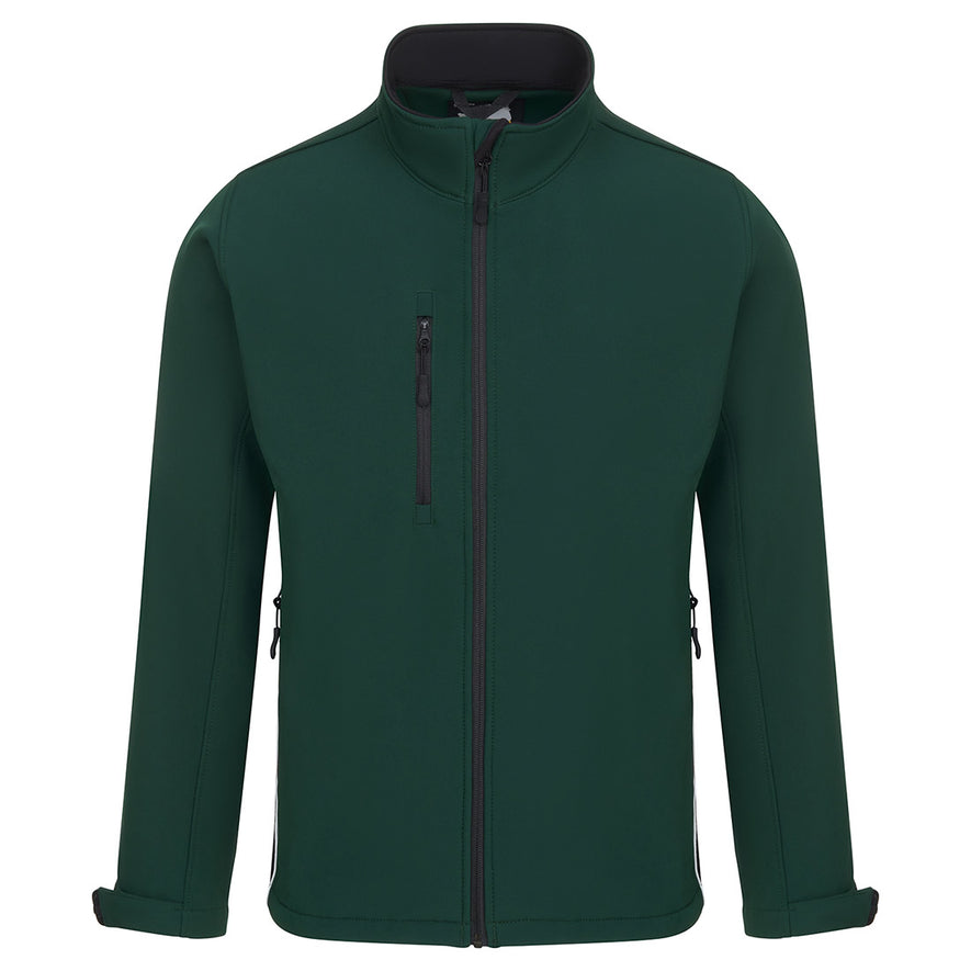 Orn Workwear ORN Silverswift Softshell in bottle green with black zip fasten with white piping on sides.