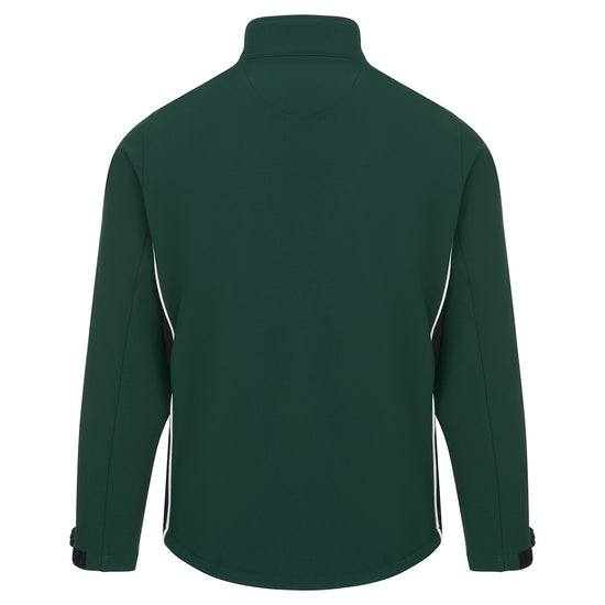 Back of Orn Workwear ORN Silverswift Softshell in bottle green with black panels and white piping on sides.