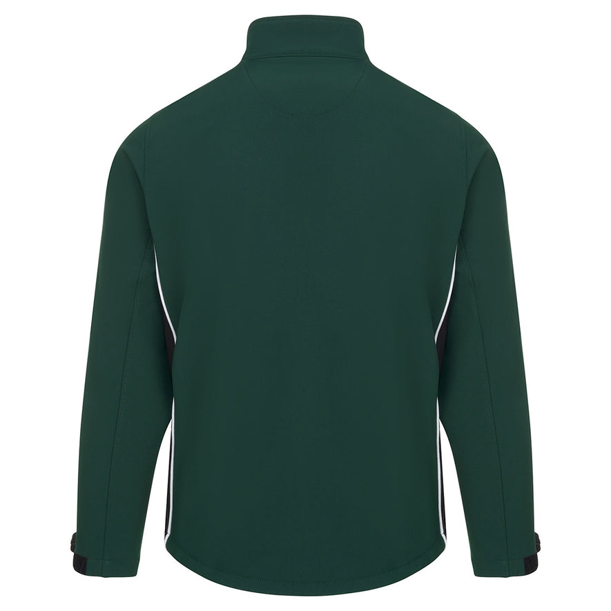 Back of Orn Workwear ORN Silverswift Softshell in bottle green with black panels and white piping on sides.