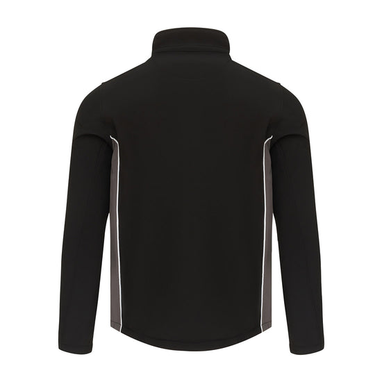 Back of Orn Workwear ORN Silverswift Softshell in black with graphite panels and white piping on sides.