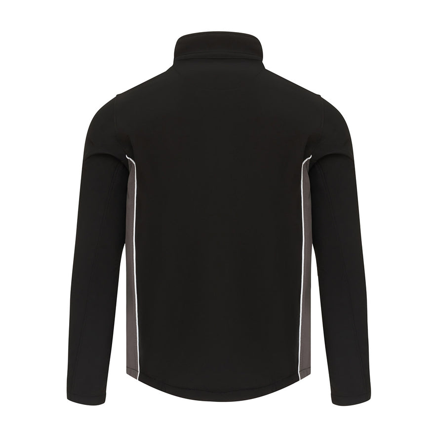 Back of Orn Workwear ORN Silverswift Softshell in black with graphite panels and white piping on sides.