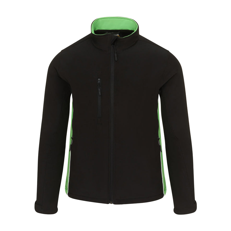 Orn Workwear ORN Silverswift Softshell in black with black zip fasten, lime green inside collar, lime green panels and white piping on sides.