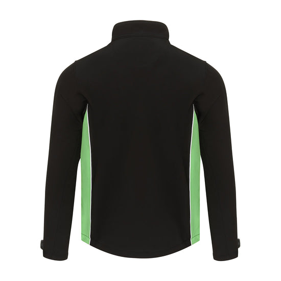 Back of Orn Workwear ORN Silverswift Softshell in black with lime green panels and white piping on sides.