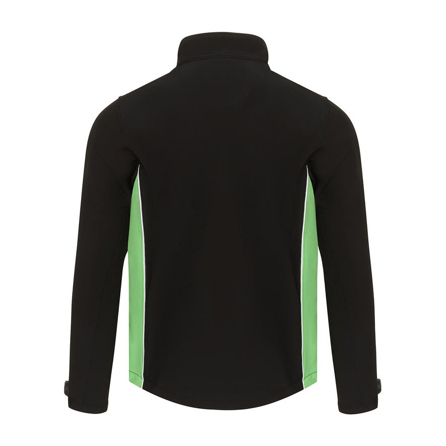 Back of Orn Workwear ORN Silverswift Softshell in black with lime green panels and white piping on sides.