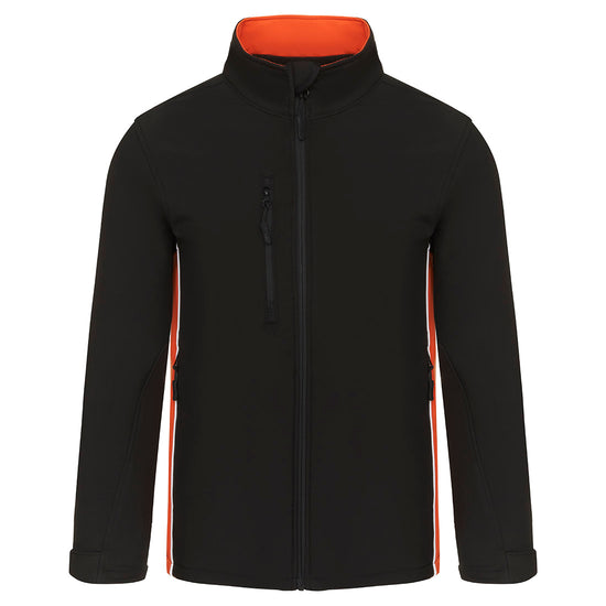 Orn Workwear ORN Silverswift Softshell in black with black zip fasten, orange inside collar, orange panels and white piping on sides.