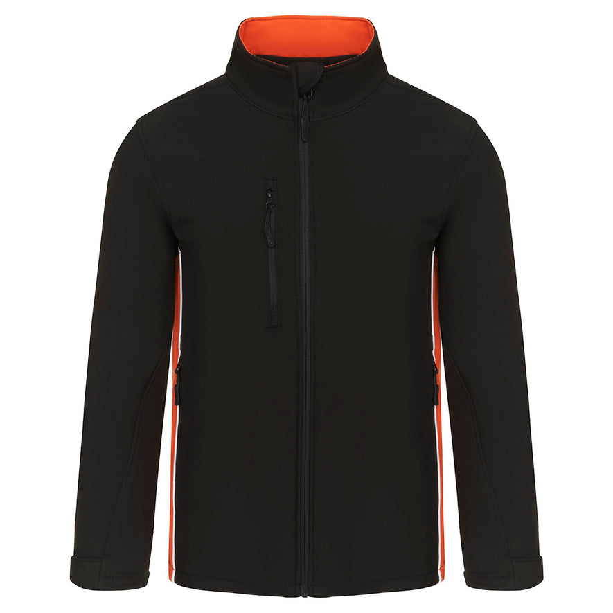 Orn Workwear ORN Silverswift Softshell in black with black zip fasten, orange inside collar, orange panels and white piping on sides.