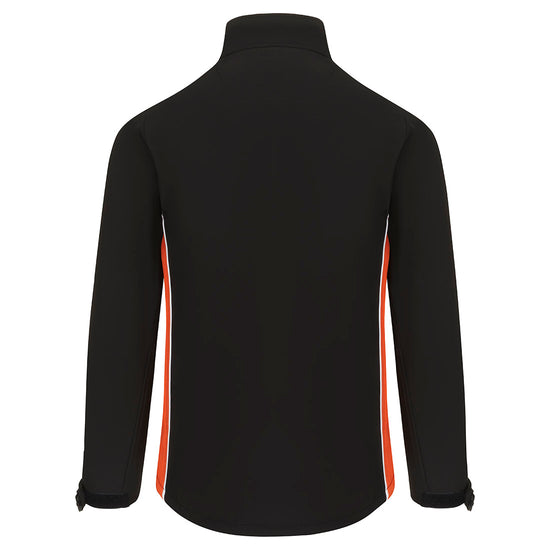 Back of Orn Workwear ORN Silverswift Softshell in black with orange panels and white piping on sides.