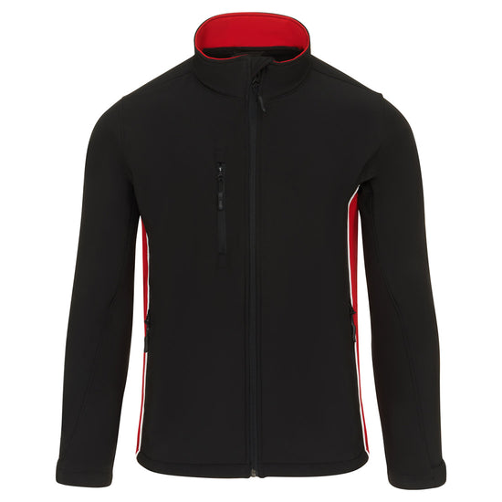 Orn Workwear ORN Silverswift Softshell in black with black zip fasten, red inside collar, red panels and white piping on sides.