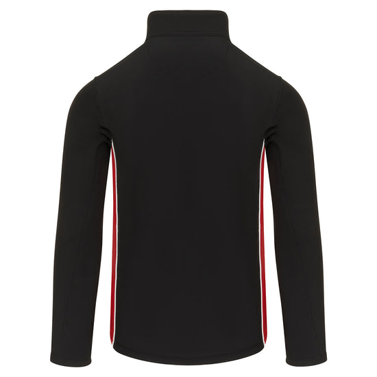 Back of Orn Workwear ORN Silverswift Softshell in black with red panels and white piping on sides.