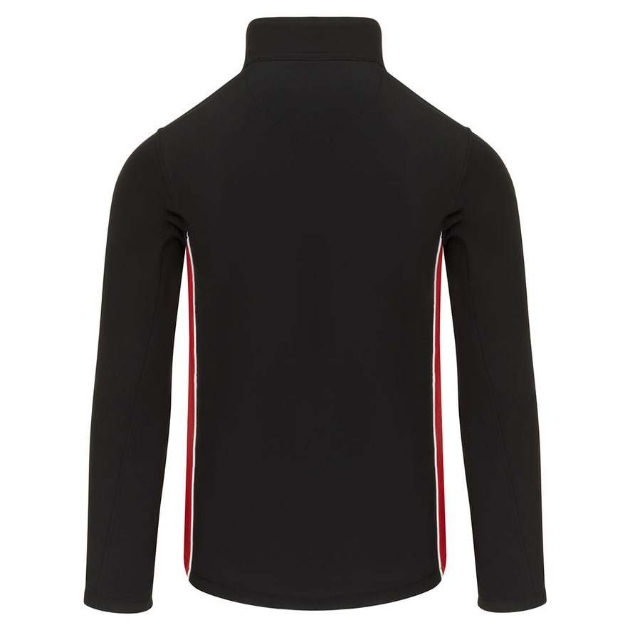 Back of Orn Workwear ORN Silverswift Softshell in black with red panels and white piping on sides.