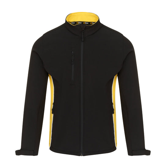 Orn Workwear ORN Silverswift Softshell in black with black zip fasten, yellow inside collar, yellow panels and white piping on sides.