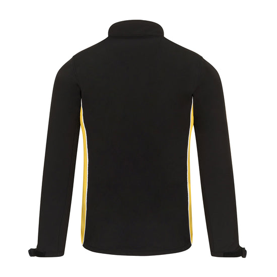 Back of Orn Workwear ORN Silverswift Softshell in black with yellow panels and white piping on sides.