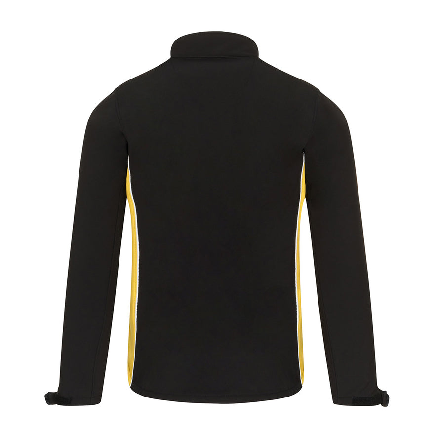 Back of Orn Workwear ORN Silverswift Softshell in black with yellow panels and white piping on sides.