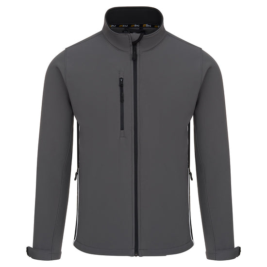 Orn Workwear ORN Silverswift Softshell in graphite with black zip fasten, black inside collar, black panels and white piping on sides.