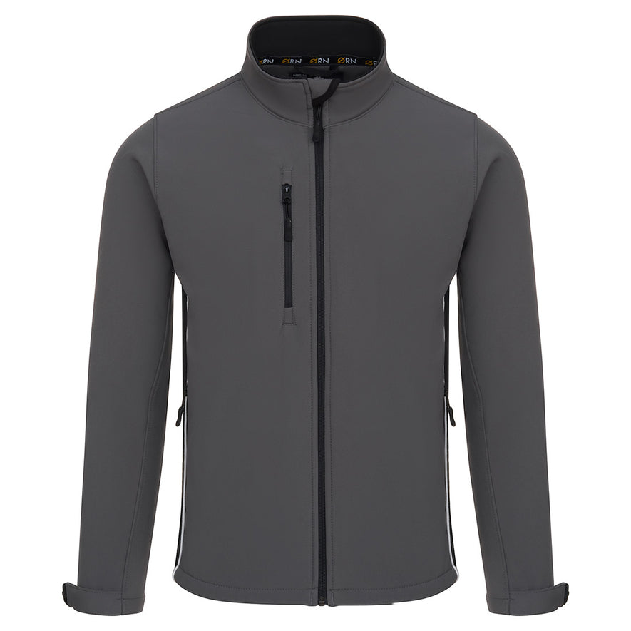 Orn Workwear ORN Silverswift Softshell in graphite with black zip fasten, black inside collar, black panels and white piping on sides.