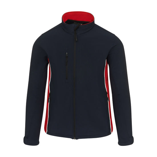 Orn Workwear ORN Silverswift Softshell in navy with black zip fasten, red inside collar, red panels and white piping on sides.