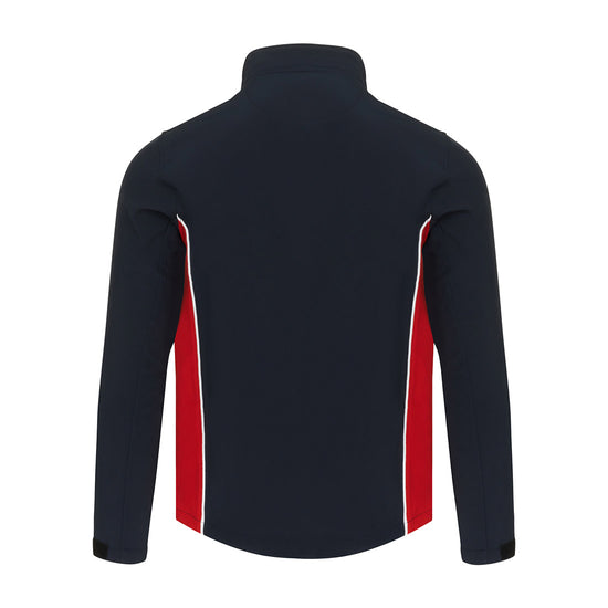 Back of Orn Workwear ORN Silverswift Softshell in navy with red panels and white piping on sides.