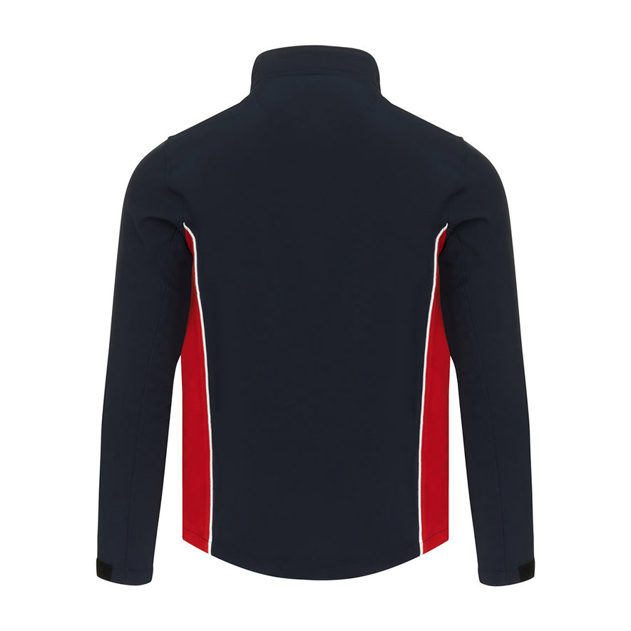 Back of Orn Workwear ORN Silverswift Softshell in navy with red panels and white piping on sides.