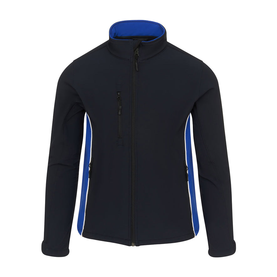 Orn Workwear ORN Silverswift Softshell in navy with black zip fasten, royal blue inside collar, royal blue panels and white piping on sides.