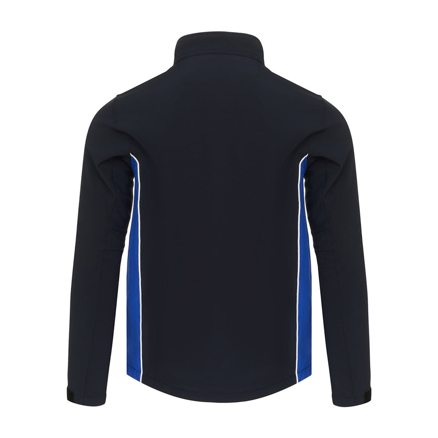 Back of Orn Workwear ORN Silverswift Softshell in navy with royal blue panels and white piping on sides.