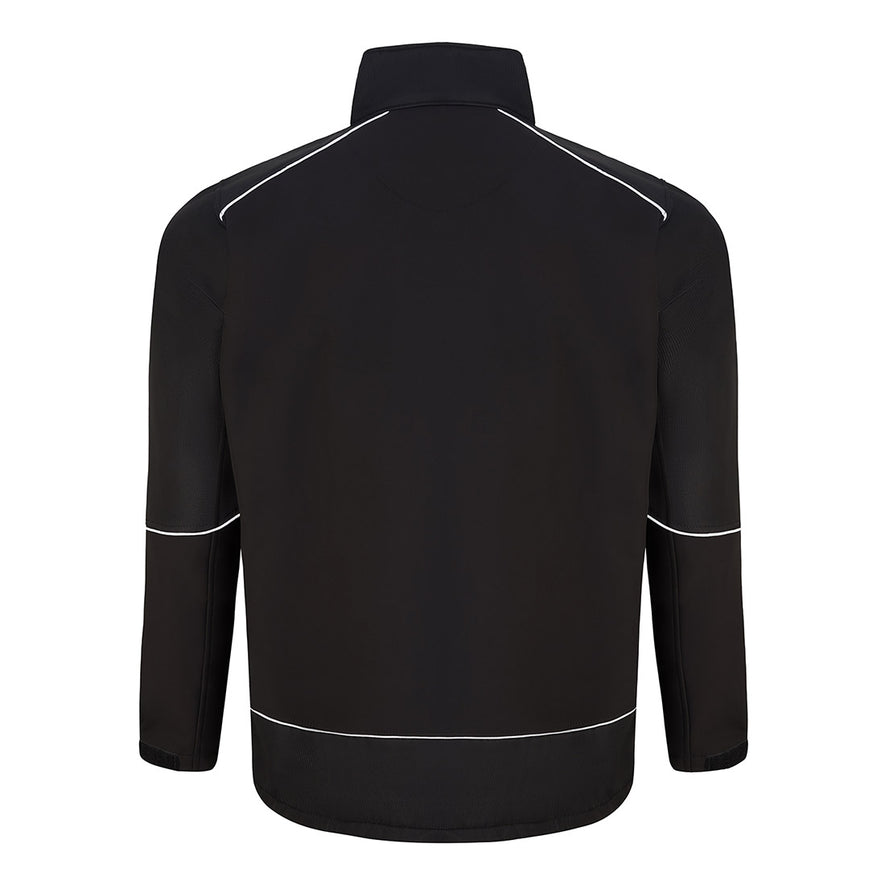 Back of Orn Workwear ORN Fireback Softshell in black with reflective piping on shoulders, arms and bottoms.