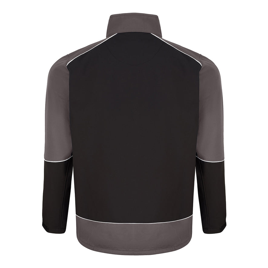 Back of Orn Workwear ORN Fireback Softshell in black with graphite panels on shoulders, arms, bottom and collar and with reflective piping on shoulders, arms and bottom.