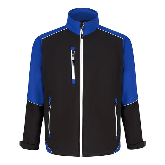 Orn Workwear ORN Fireback Softshell in black with royal blue panels on shoulders, arms and collar and with reflective zip fasten, reflective zip pockets on chest and front and reflective piping on shoulders, arms and sides.