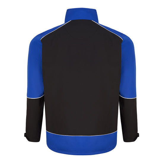 Back of Orn Workwear ORN Fireback Softshell in black with royal blue panels on shoulders, arms, bottom and collar and with reflective piping on shoulders, arms and bottom.