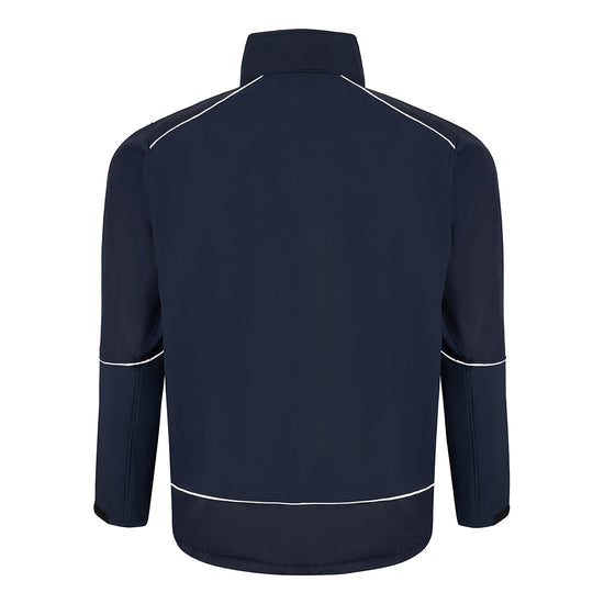 Back of Orn Workwear ORN Fireback Softshell in navy with navy panels on shoulders, arms, bottom and collar and with reflective piping on shoulders, arms and bottom.