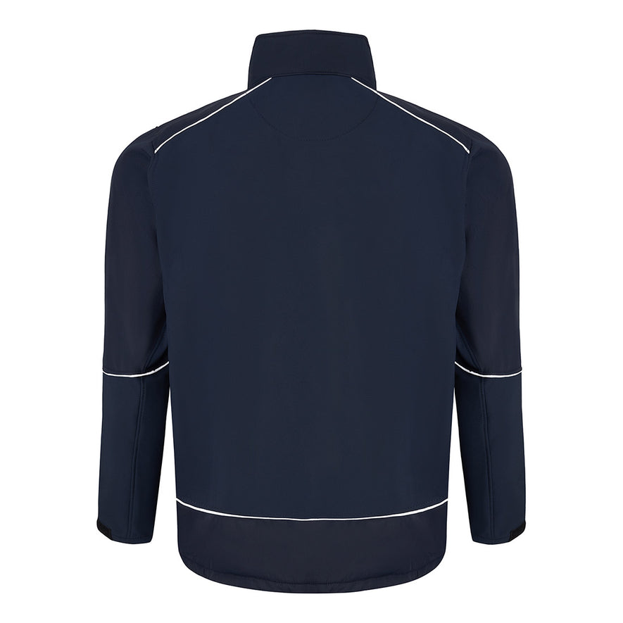 Back of Orn Workwear ORN Fireback Softshell in navy with navy panels on shoulders, arms, bottom and collar and with reflective piping on shoulders, arms and bottom.