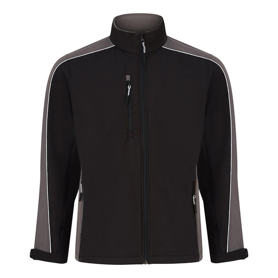 Orn Workwear ORN Avocet Softshell in black with graphite panels on shoulders, arms, sides and inside of collar and with black zip fasten, black zip pockets on chest and front and white piping on shoulders and arms.