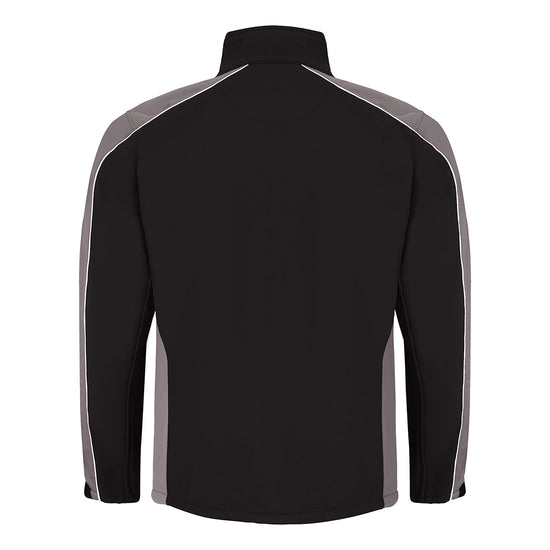 Back of Orn Workwear ORN Avocet Softshell in black with graphite panels on shoulders, arms and sides and with black zip fasten, black zip pockets on chest and front and white piping on shoulders and arms.