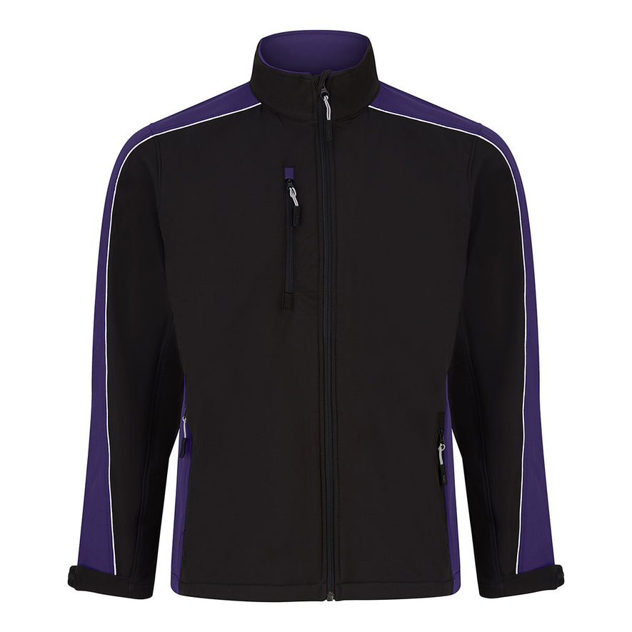 Orn Workwear ORN Avocet Softshell in black with purple panels on shoulders, arms, sides and inside of collar and with black zip fasten, black zip pockets on chest and front and white piping on shoulders and arms.