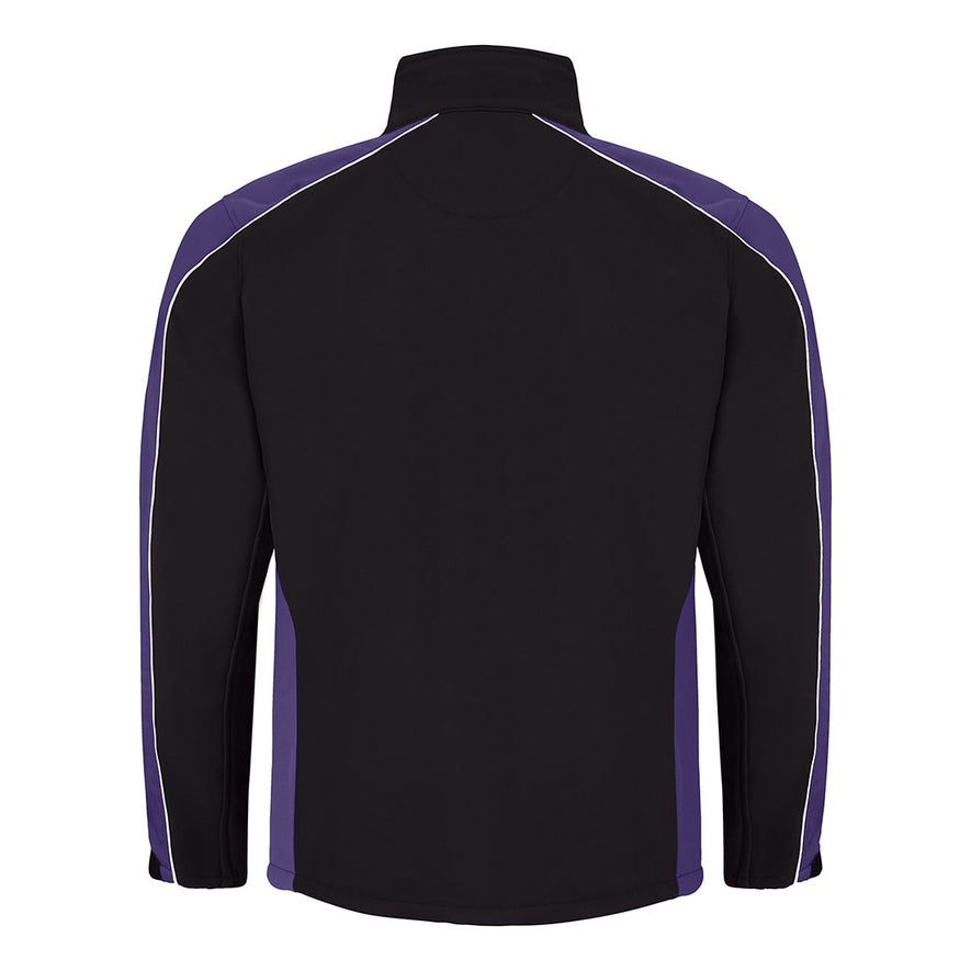 Back of Orn Workwear ORN Avocet Softshell in black with purple panels on shoulders, arms and sides and with black zip fasten, black zip pockets on chest and front and white piping on shoulders and arms.