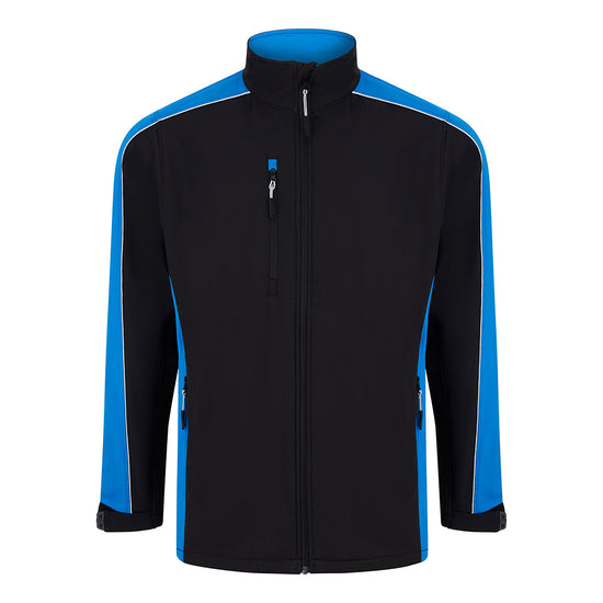 Orn Workwear ORN Avocet Softshell in black with reflex blue panels on shoulders, arms, sides and inside of collar and with black zip fasten, black zip pockets on chest and front and white piping on shoulders and arms.