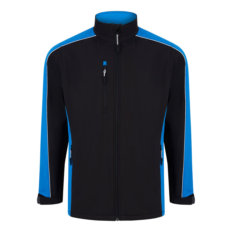 Orn Workwear ORN Avocet Softshell in black with reflex blue panels on shoulders, arms, sides and inside of collar and with black zip fasten, black zip pockets on chest and front and white piping on shoulders and arms.