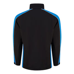 Back of Orn Workwear ORN Avocet Softshell in black with reflex blue panels on shoulders, arms and sides and with black zip fasten, black zip pockets on chest and front and white piping on shoulders and arms.