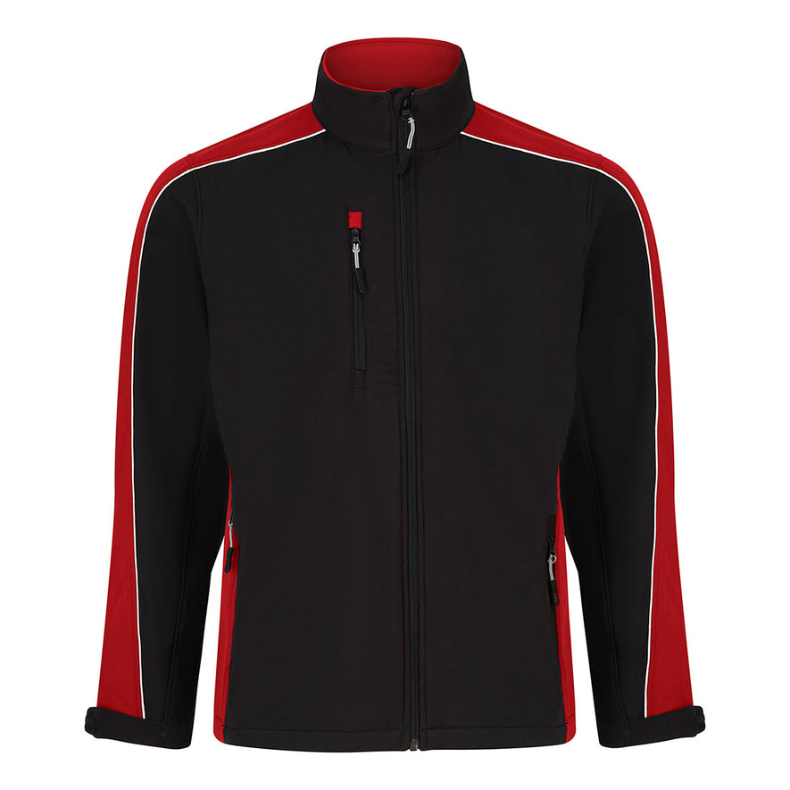 Orn Workwear ORN Avocet Softshell in black with red panels on shoulders, arms, sides and inside of collar and with black zip fasten, black zip pockets on chest and front and white piping on shoulders and arms.