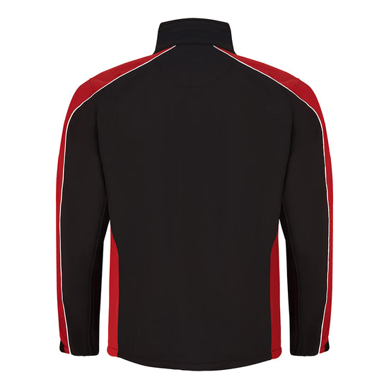 Back of Orn Workwear ORN Avocet Softshell in black with red panels on shoulders, arms and sides and with black zip fasten, black zip pockets on chest and front and white piping on shoulders and arms.