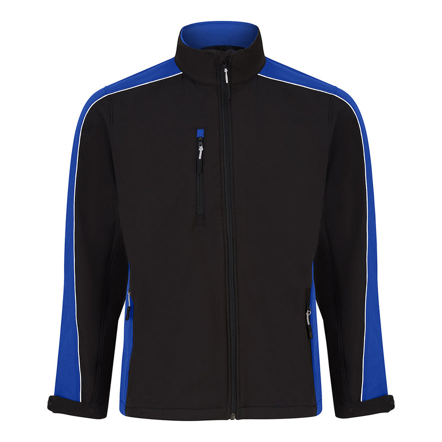 Orn Workwear ORN Avocet Softshell in black with royal blue panels on shoulders, arms, sides and inside of collar and with black zip fasten, black zip pockets on chest and front and white piping on shoulders and arms.