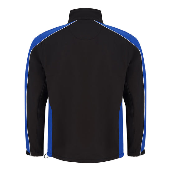 Back of Orn Workwear ORN Avocet Softshell in black with royal blue panels on shoulders, arms and sides and with black zip fasten, black zip pockets on chest and front and white piping on shoulders and arms.