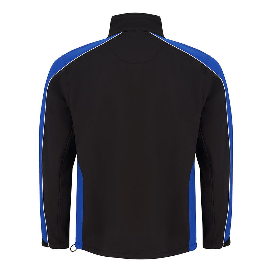 Back of Orn Workwear ORN Avocet Softshell in black with royal blue panels on shoulders, arms and sides and with black zip fasten, black zip pockets on chest and front and white piping on shoulders and arms.