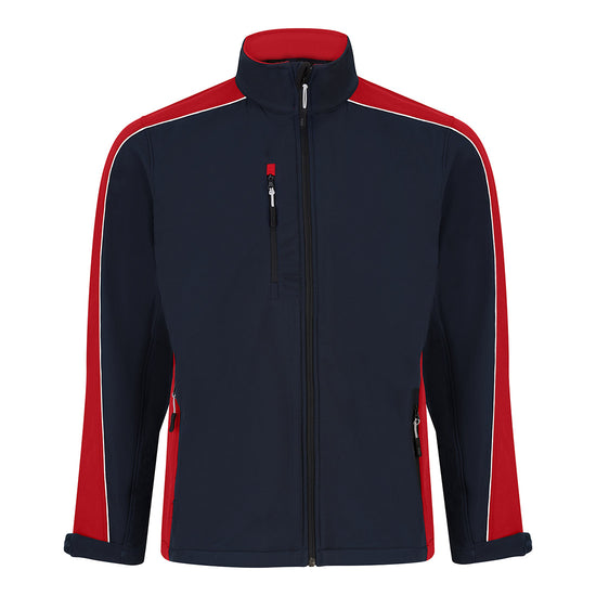 Orn Workwear ORN Avocet Softshell in navy with red panels on shoulders, arms, sides and inside of collar and with black zip fasten, black zip pockets on chest and front and white piping on shoulders and arms.