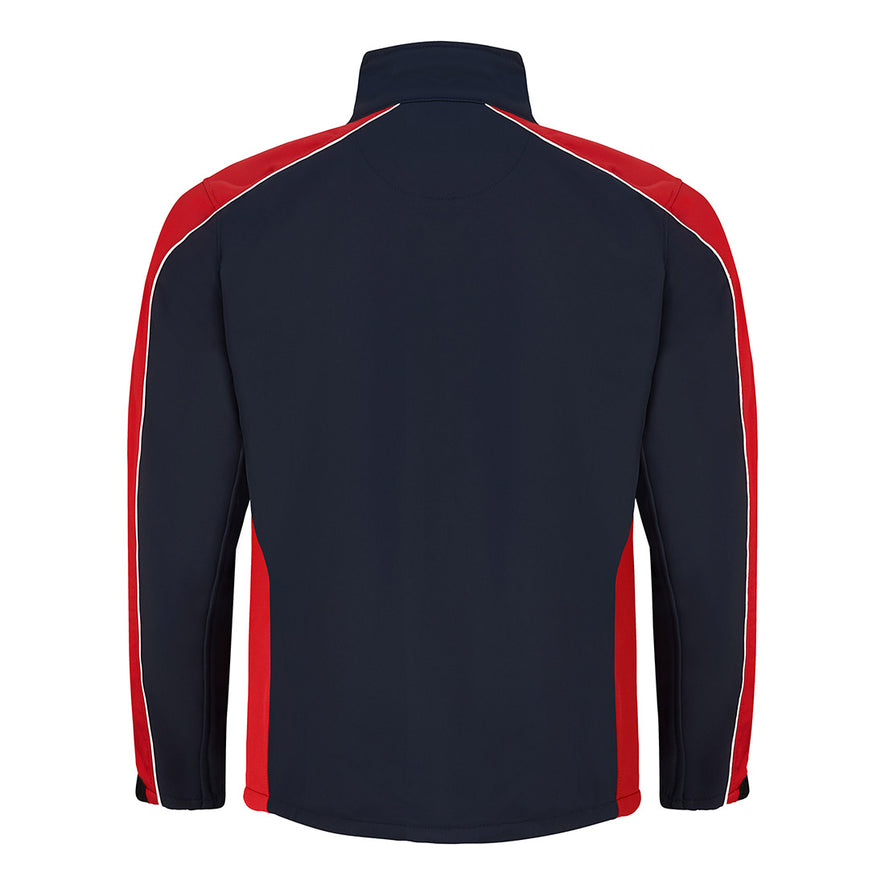 Back of Orn Workwear ORN Avocet Softshell in navy with red panels on shoulders, arms and sides and with black zip fasten, black zip pockets on chest and front and white piping on shoulders and arms.