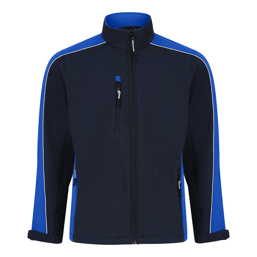 Orn Workwear ORN Avocet Softshell in navy with royal blue panels on shoulders, arms, sides and inside of collar and with black zip fasten, black zip pockets on chest and front and white piping on shoulders and arms.