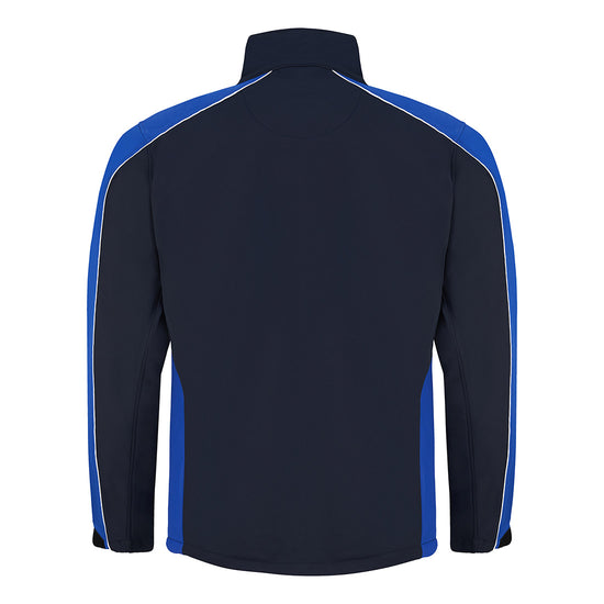 Back of Orn Workwear ORN Avocet Softshell in navy with royal blue panels on shoulders, arms and sides and with black zip fasten, black zip pockets on chest and front and white piping on shoulders and arms.